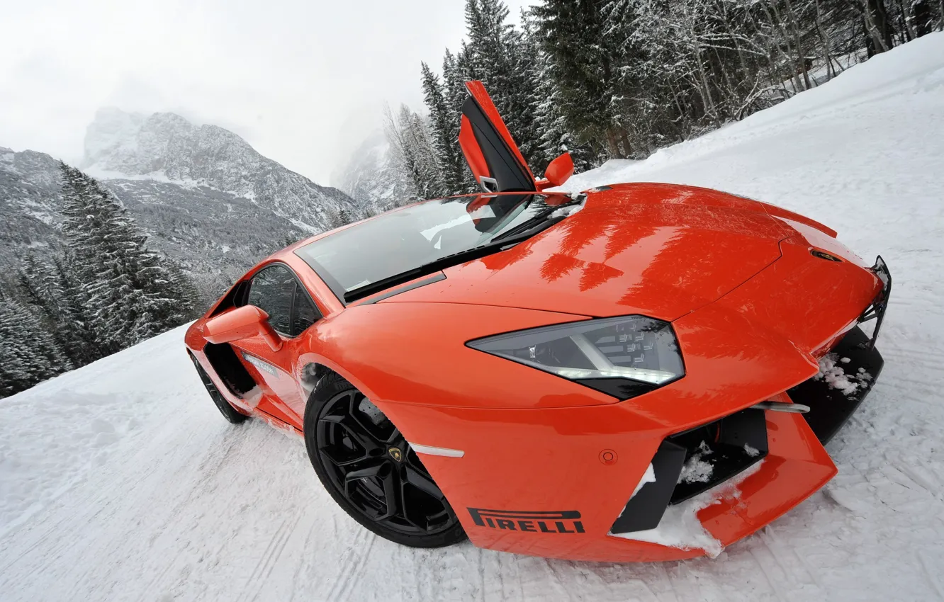 Photo wallpaper snow, sports car, view, pug, Lamborghini LP700-4 Aventador