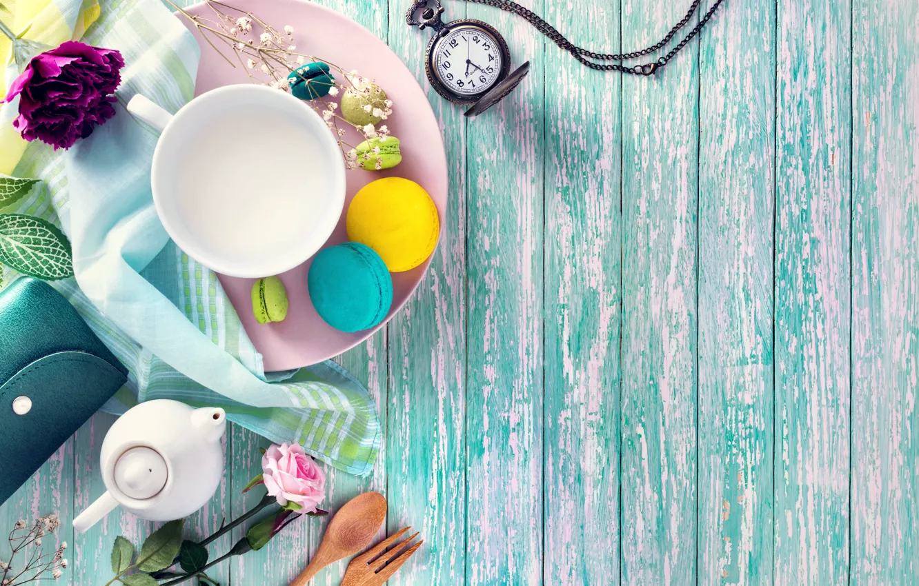 Photo wallpaper flowers, Breakfast, colorful, Cup, dessert, wood, cakes, sweet