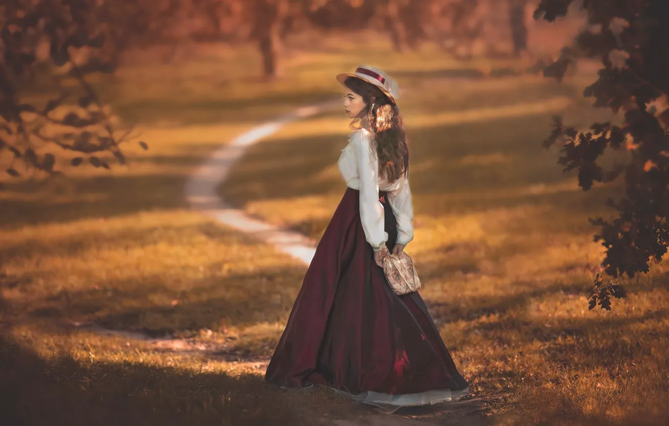 Photo wallpaper autumn, girl, trees, branches, nature, retro, Park, skirt