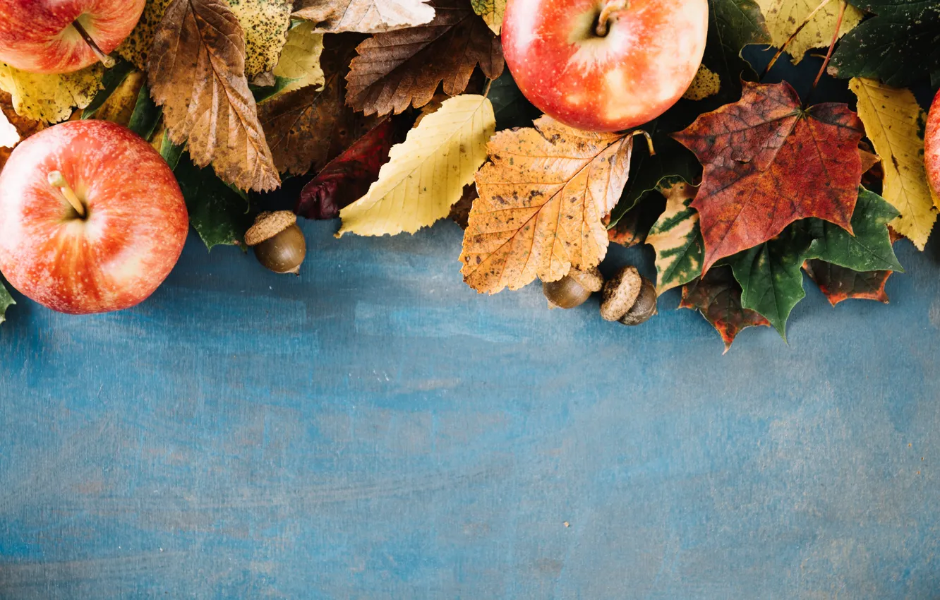 Photo wallpaper autumn, leaves, background, apples, colorful, wood, background, autumn