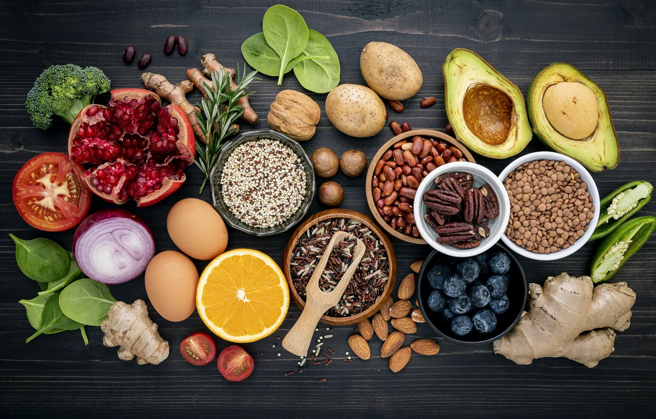 Photo wallpaper table, fruit, nuts, vegetables, wood, composition, spices, spices