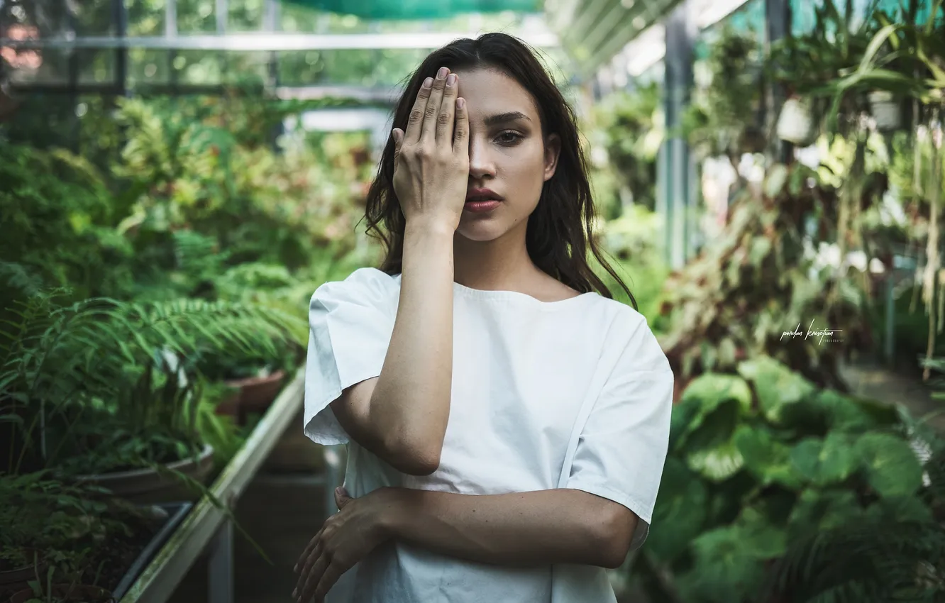 Photo wallpaper look, girl, pose, model, plant, portrait, hands, makeup