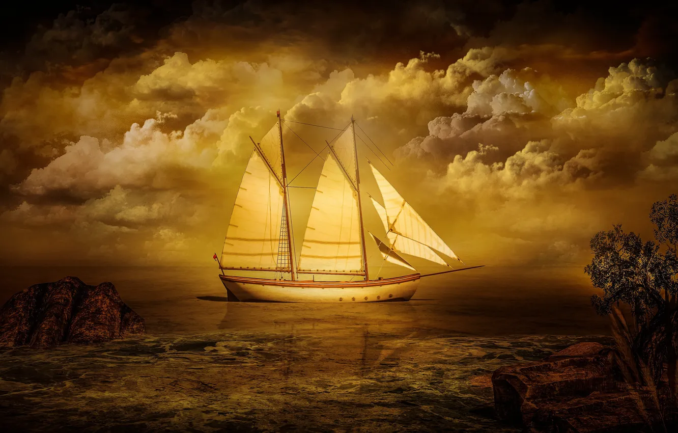 Photo wallpaper sea, the sky, clouds, trees, landscape, sunset, clouds, nature