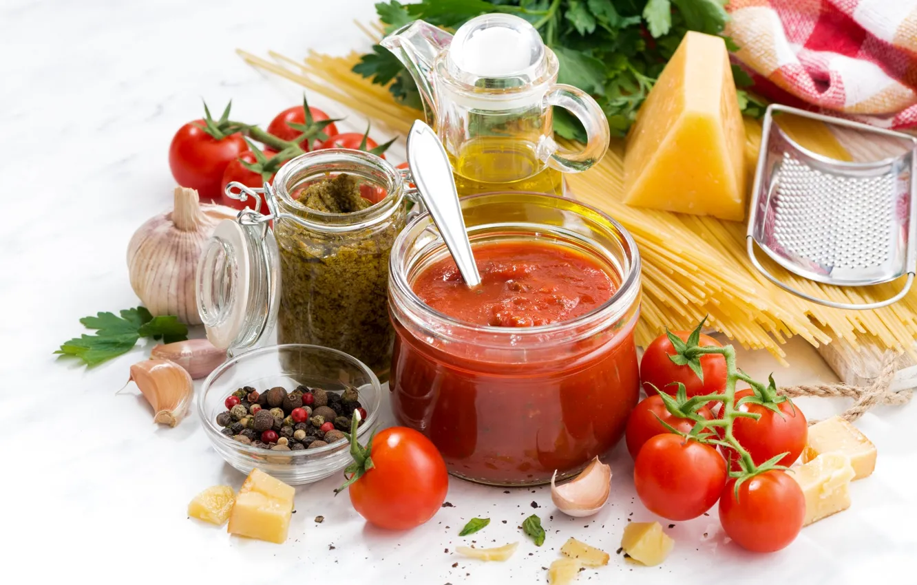 Photo wallpaper oil, cheese, pepper, tomatoes, spaghetti, sauce, parsley, spices