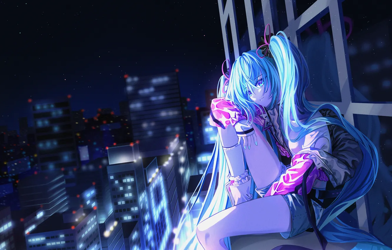 Photo wallpaper girl, night, the city, Hatsune Miku, Vocaloid