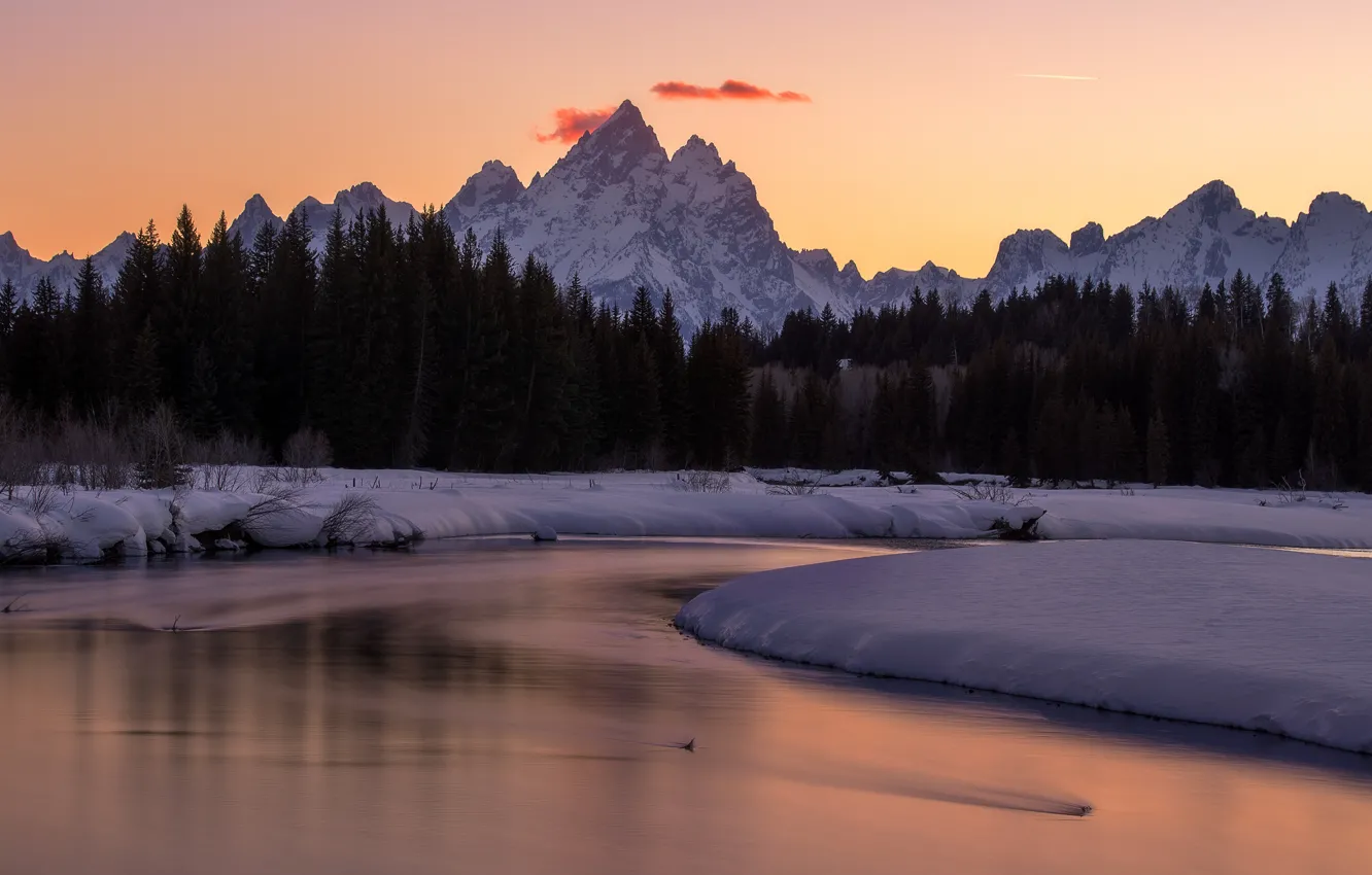 Photo wallpaper winter, forest, snow, mountains, tops, ate, pond