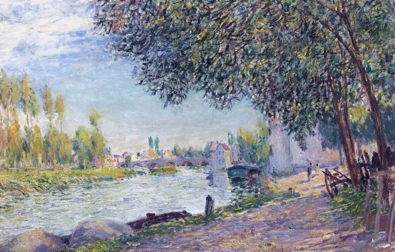 Photo wallpaper landscape, picture, Alfred Sisley, Alfred Sisley, The bridge at Moret-sur-Luena. The evening