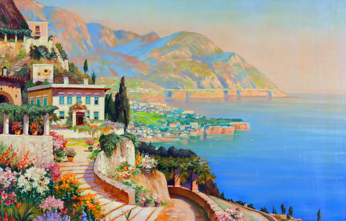 Photo wallpaper water, flowers, coast, home, picture, Alois Arnegger, Austrian painter, Alois Arnegger