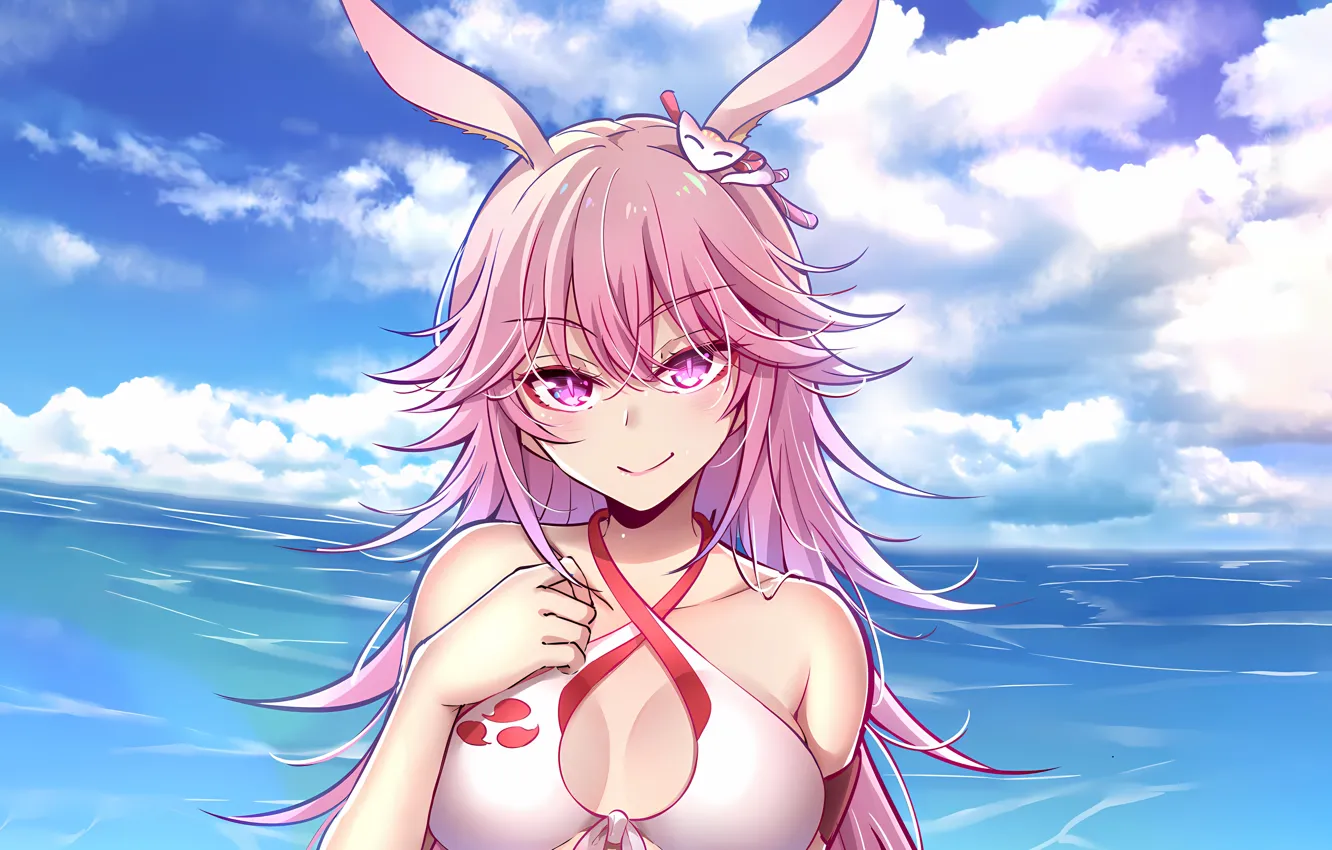 Photo wallpaper girl, sexy, cleavage, pink hair, sky, long hair, sea, boobs