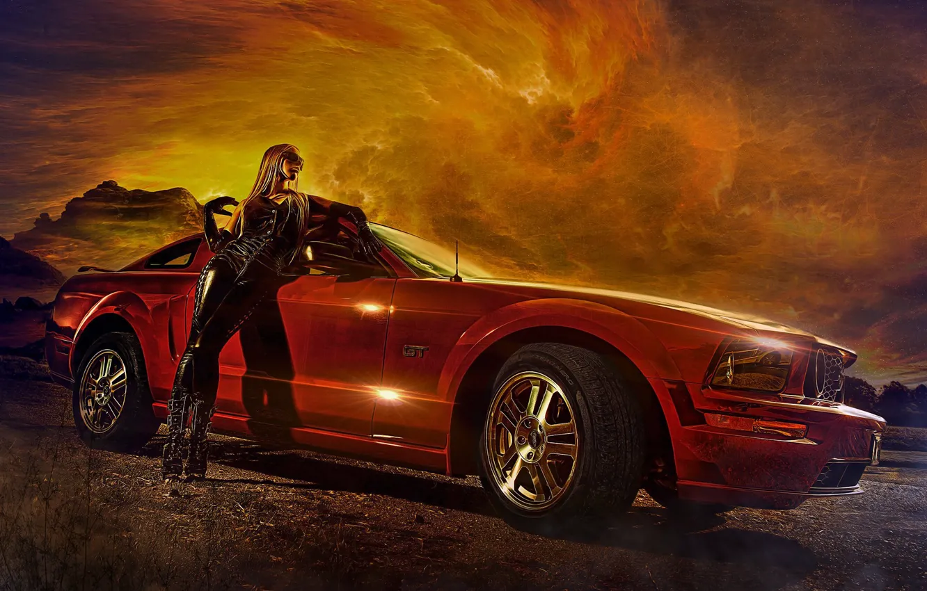 Photo wallpaper machine, auto, the sky, girl, pose, Mustang, latex, jumpsuit