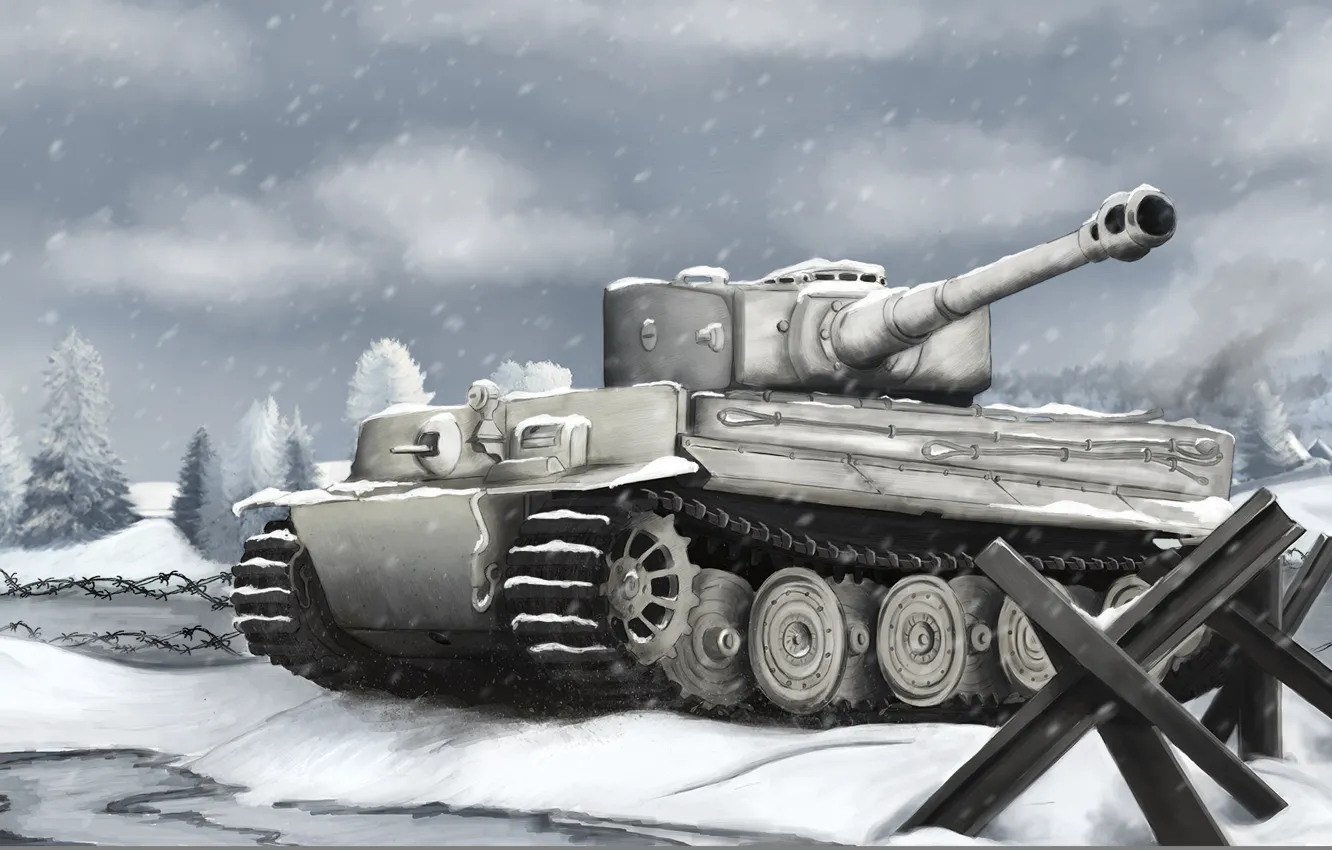 Photo wallpaper winter, tiger, war, figure, art, tank, tiger, German