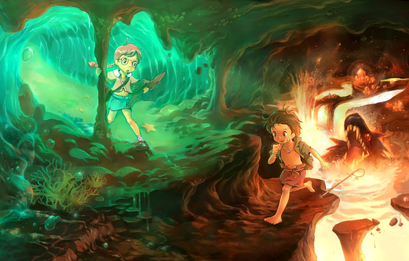 Photo wallpaper children, monster, art, lava, cave