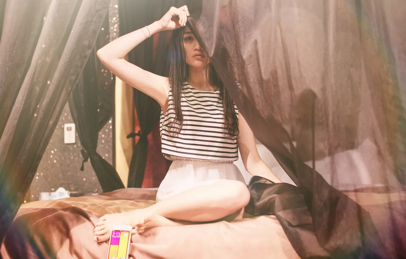 Photo wallpaper girl, skirt, brunette, phone