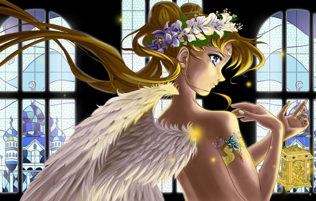 Photo wallpaper look, light, hair, back, wings, anime, lights, profile