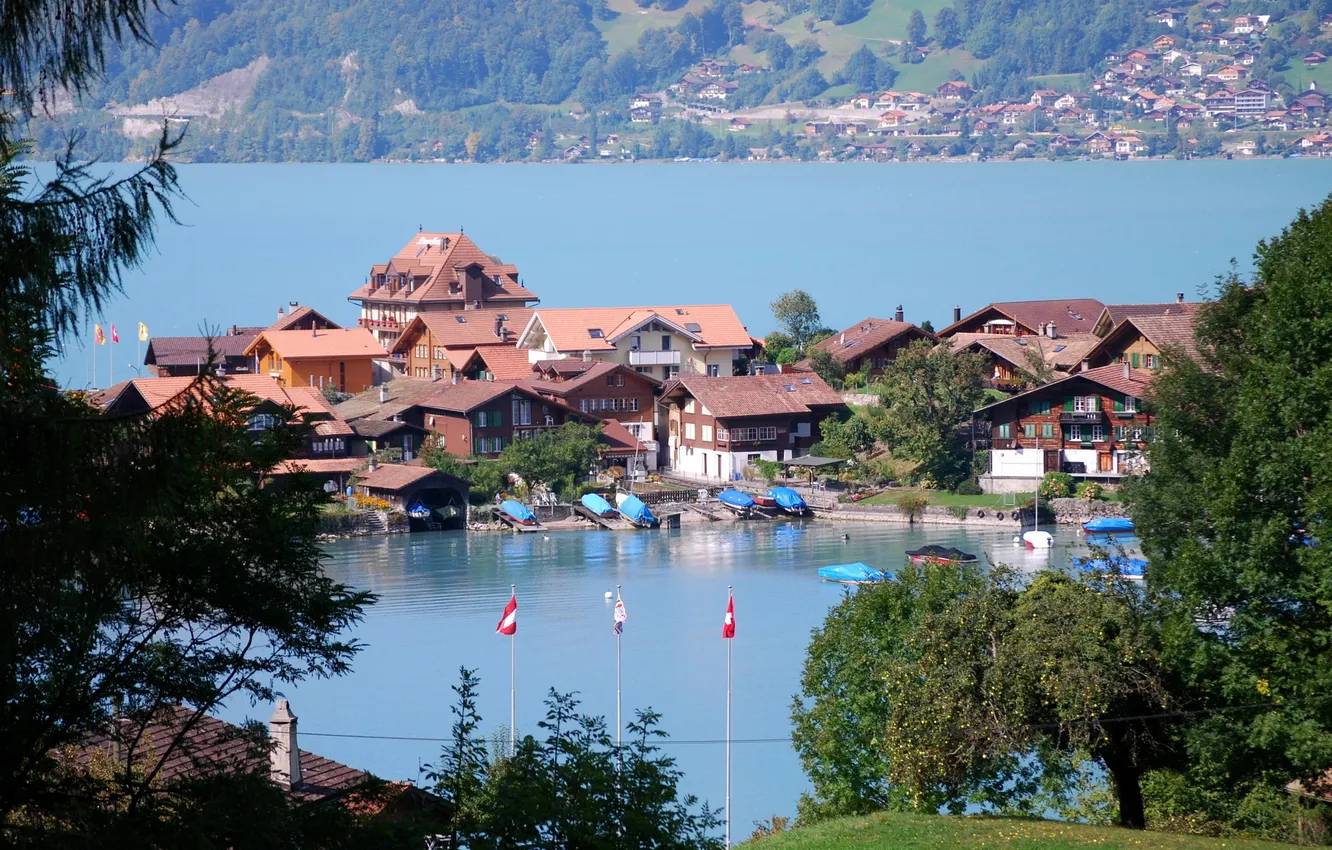 Photo wallpaper landscape, mountains, lake, home, Switzerland, Switzerland, trees., Bern