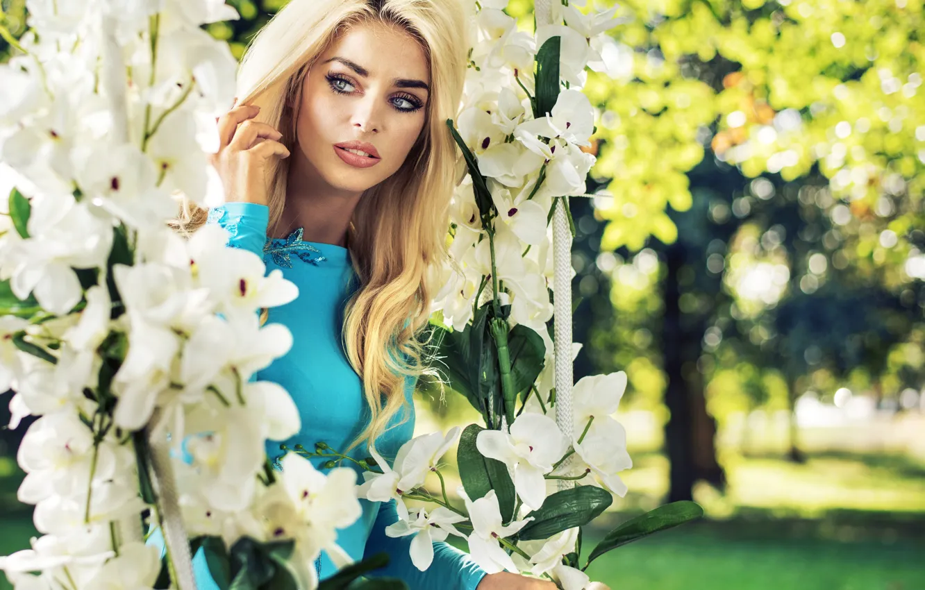 Photo wallpaper greens, the sun, trees, flowers, blue, Park, swing, makeup