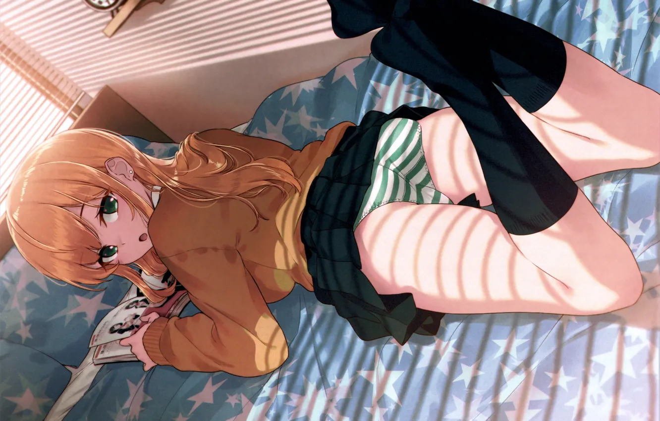 Photo wallpaper red, schoolgirl, Golf, owner, green eyes, blinds, striped panties, turned