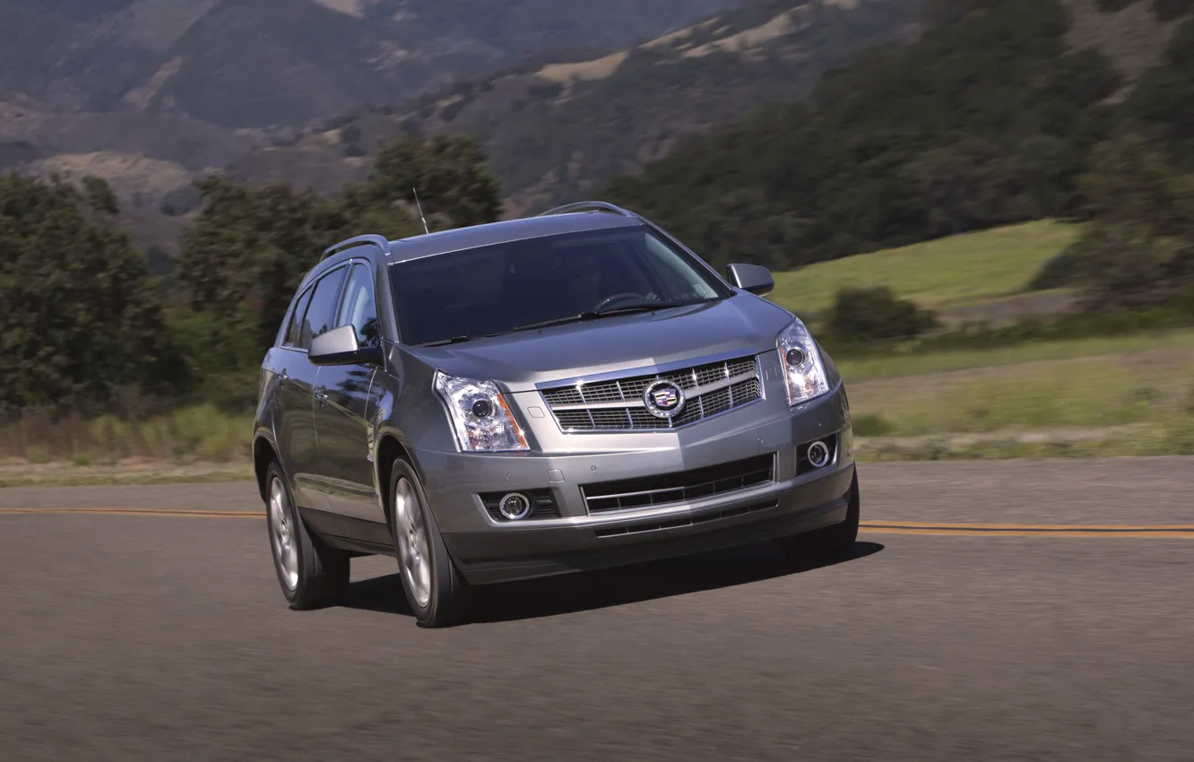 Photo wallpaper Cadillac, Auto, Road, Machine, Grey, Day, SUV, In Motion