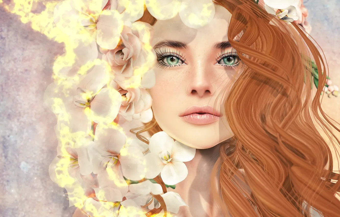 Photo wallpaper girl, flowers, face, hair
