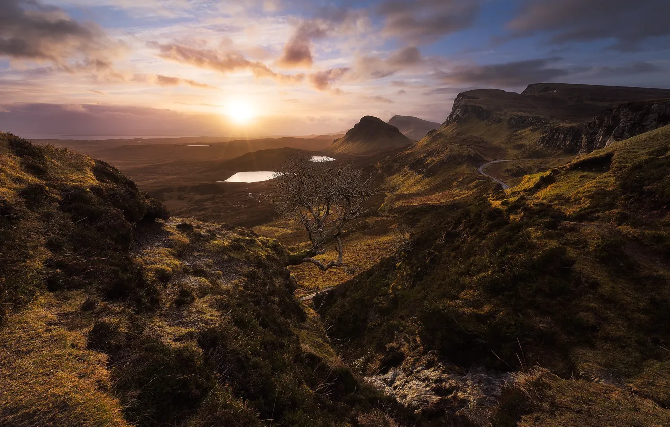 Photo wallpaper autumn, the sun, clouds, rays, light, trees, sunset, mountains