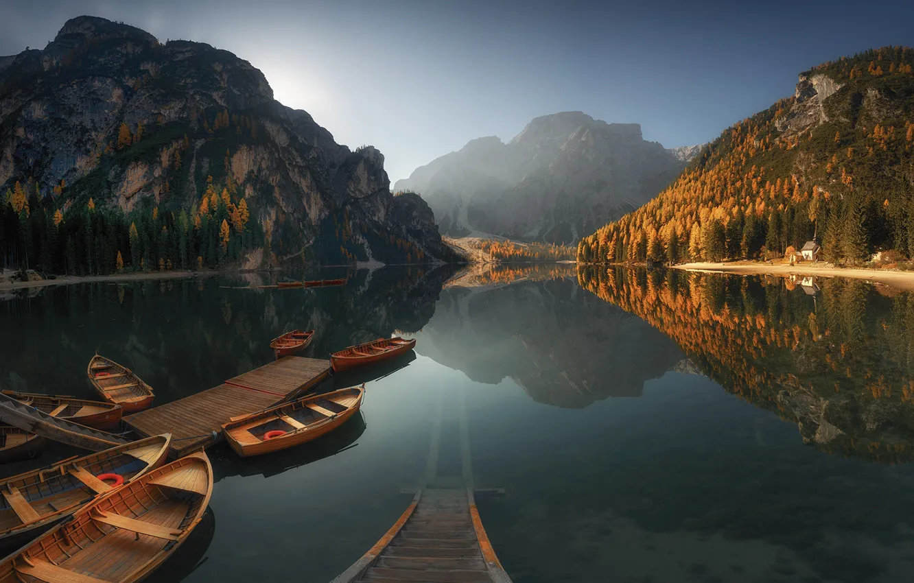 Photo wallpaper water, mountains, nature, Boats, Materov.