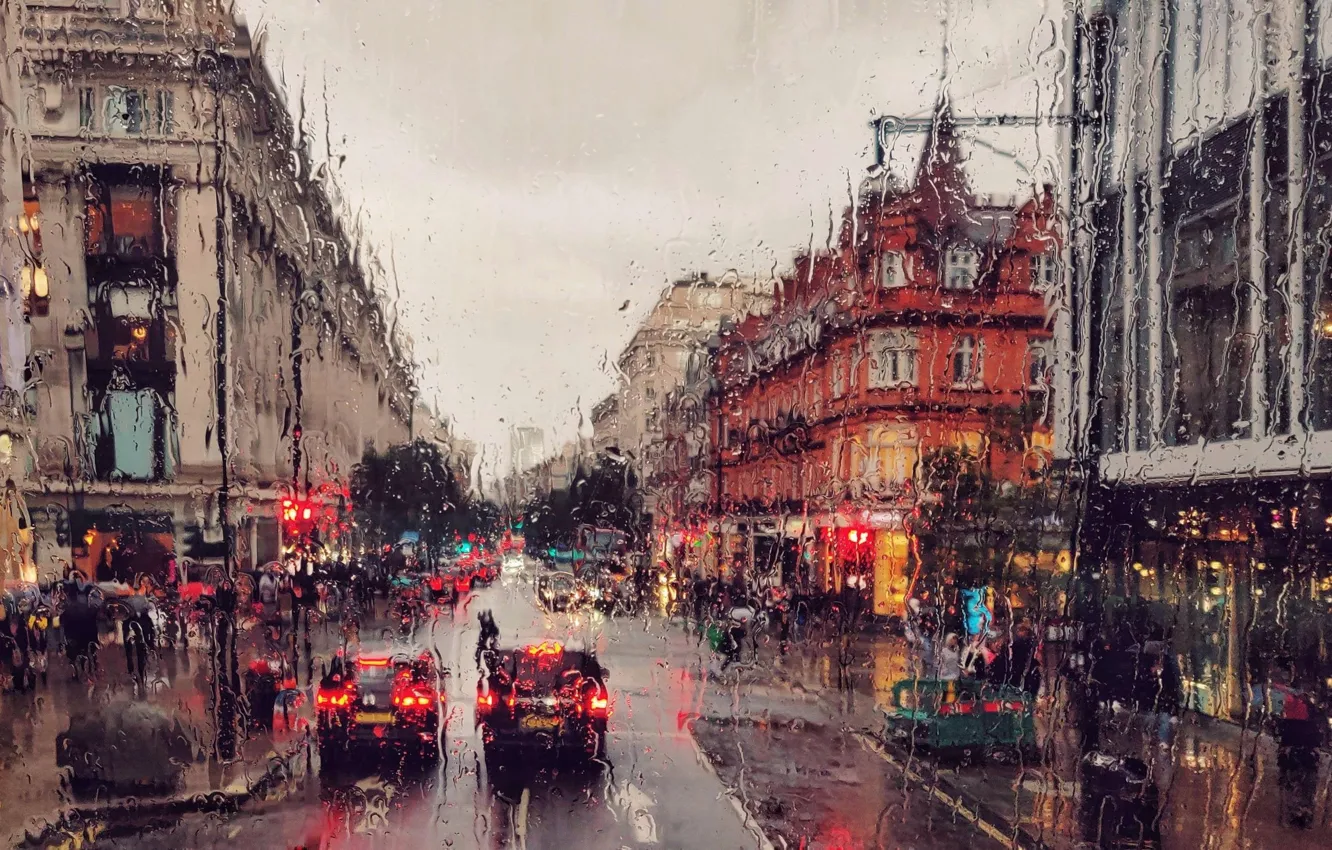 Photo wallpaper rain, London, cloudy weather, rainy city