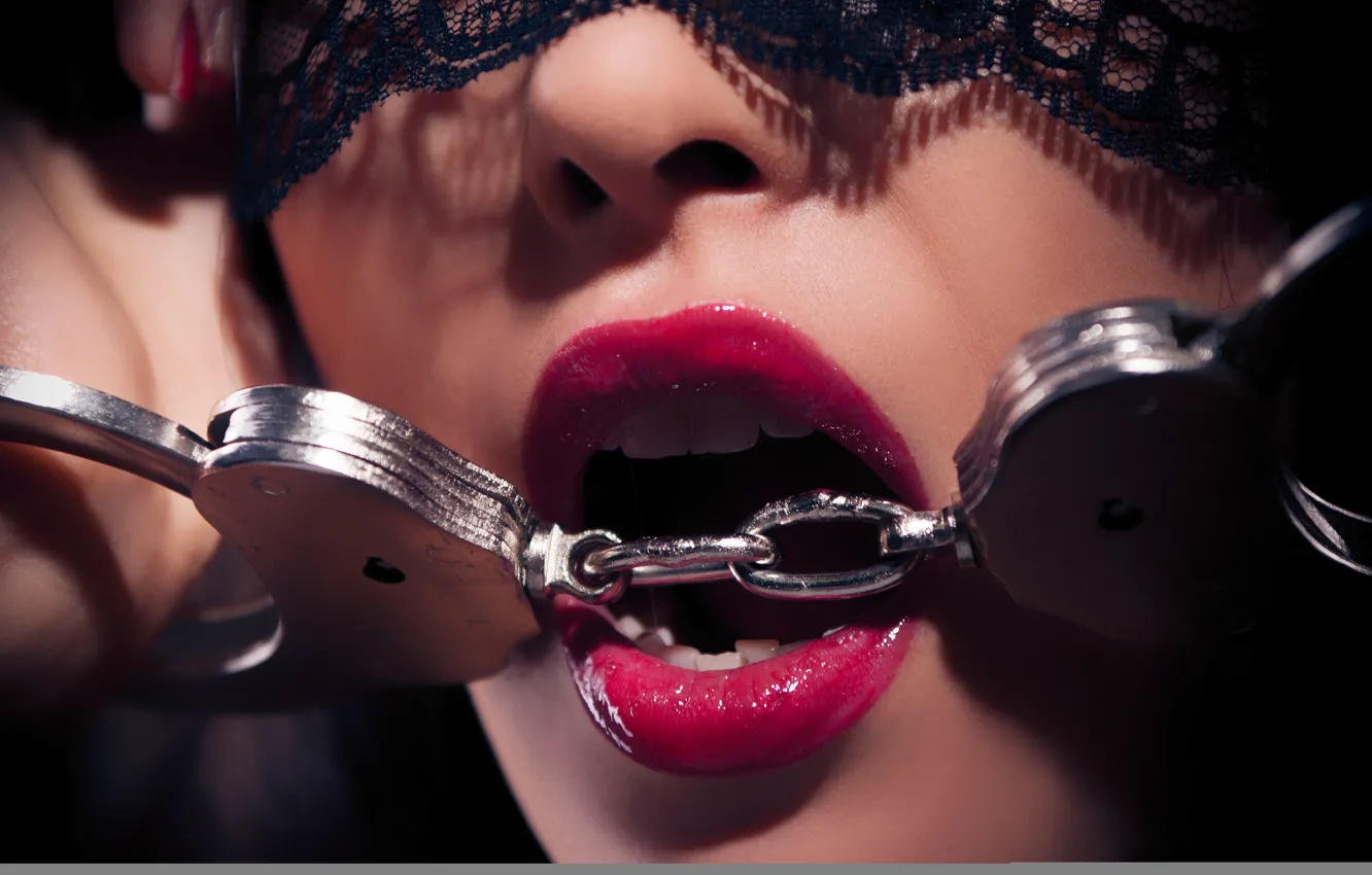 Photo wallpaper lips, teeth, metal handcuffs