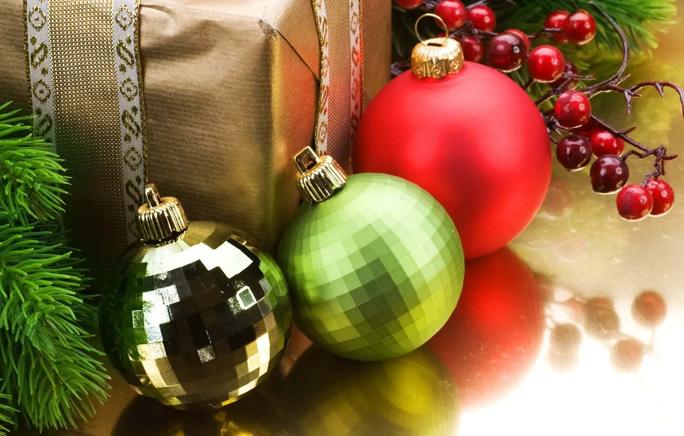 Photo wallpaper gift, tree, Christmas balls