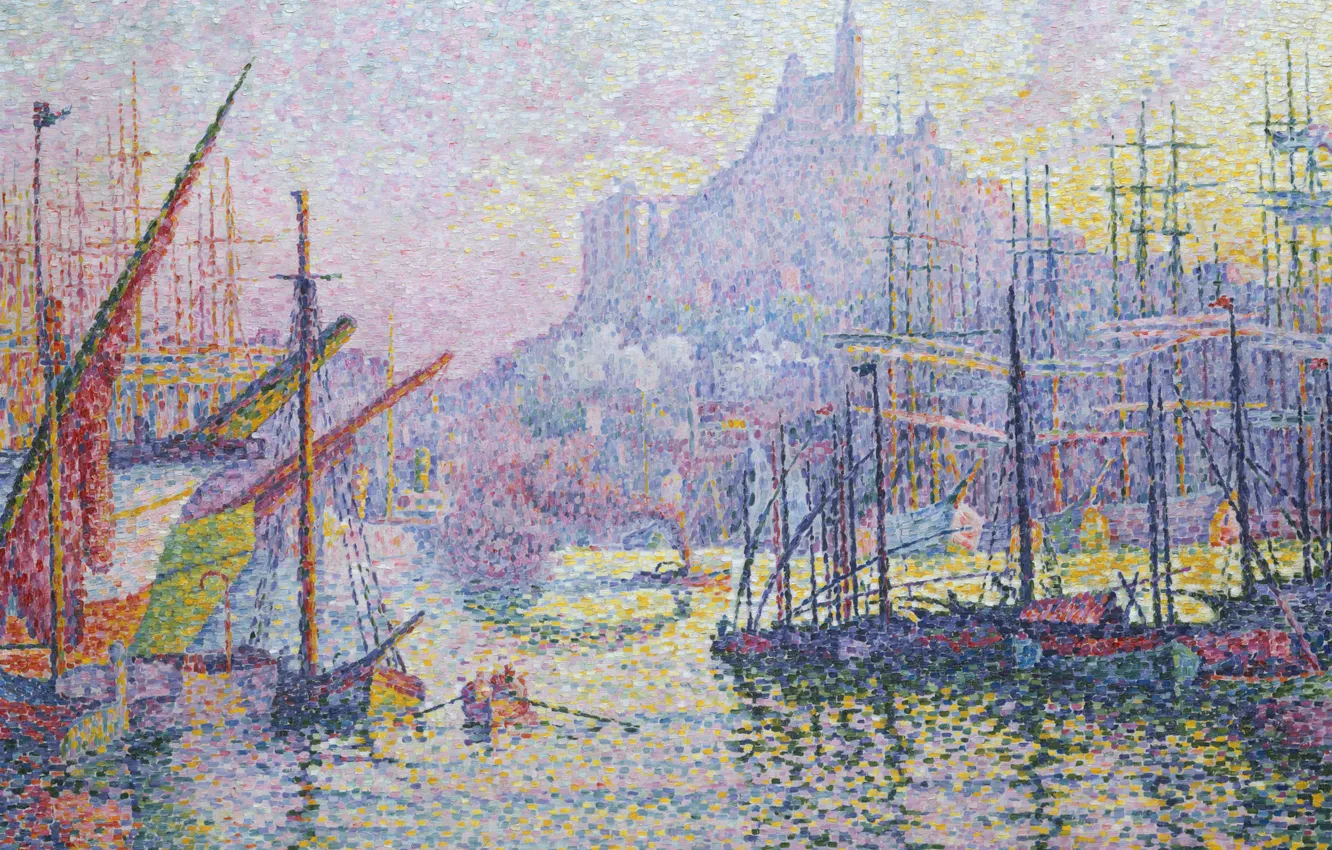 Photo wallpaper sea, landscape, the city, ship, picture, Paul Signac, pointillism, Marseille. Notre-Dame-de-La-garde