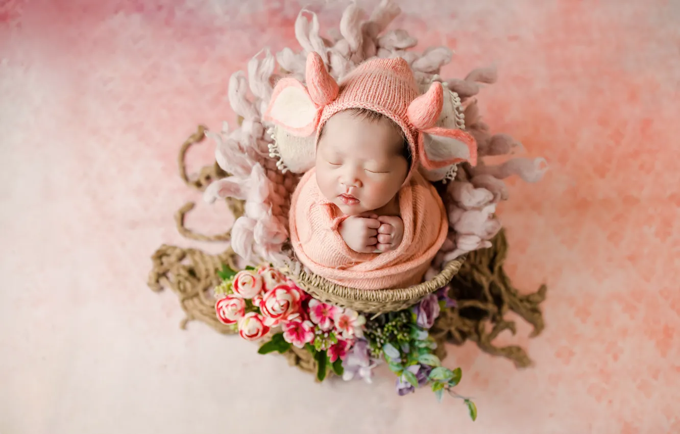 Photo wallpaper flowers, orange, pose, background, child, sleep, baby, costume