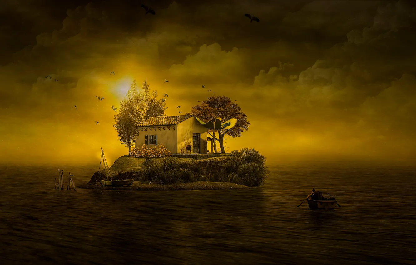 Photo wallpaper sea, the sky, the sun, trees, landscape, sunset, nature, fog