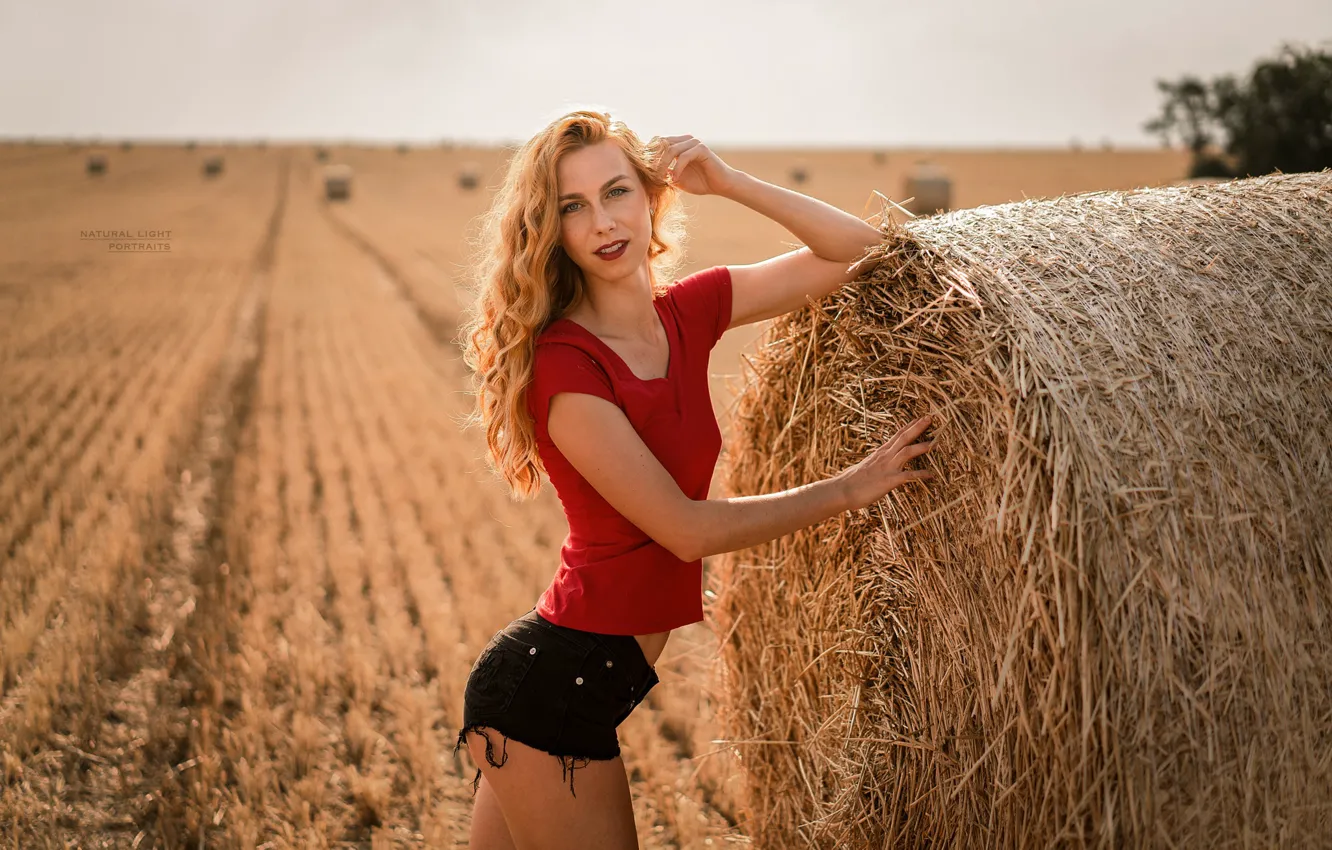Photo wallpaper field, the sky, look, the sun, landscape, red, sexy, pose