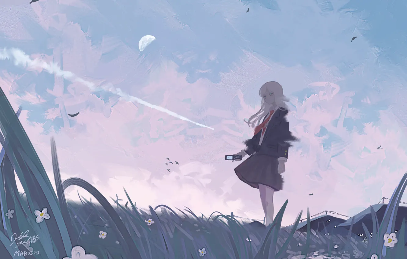 Photo wallpaper the sky, grass, flowers, the moon, schoolgirl, smartphone