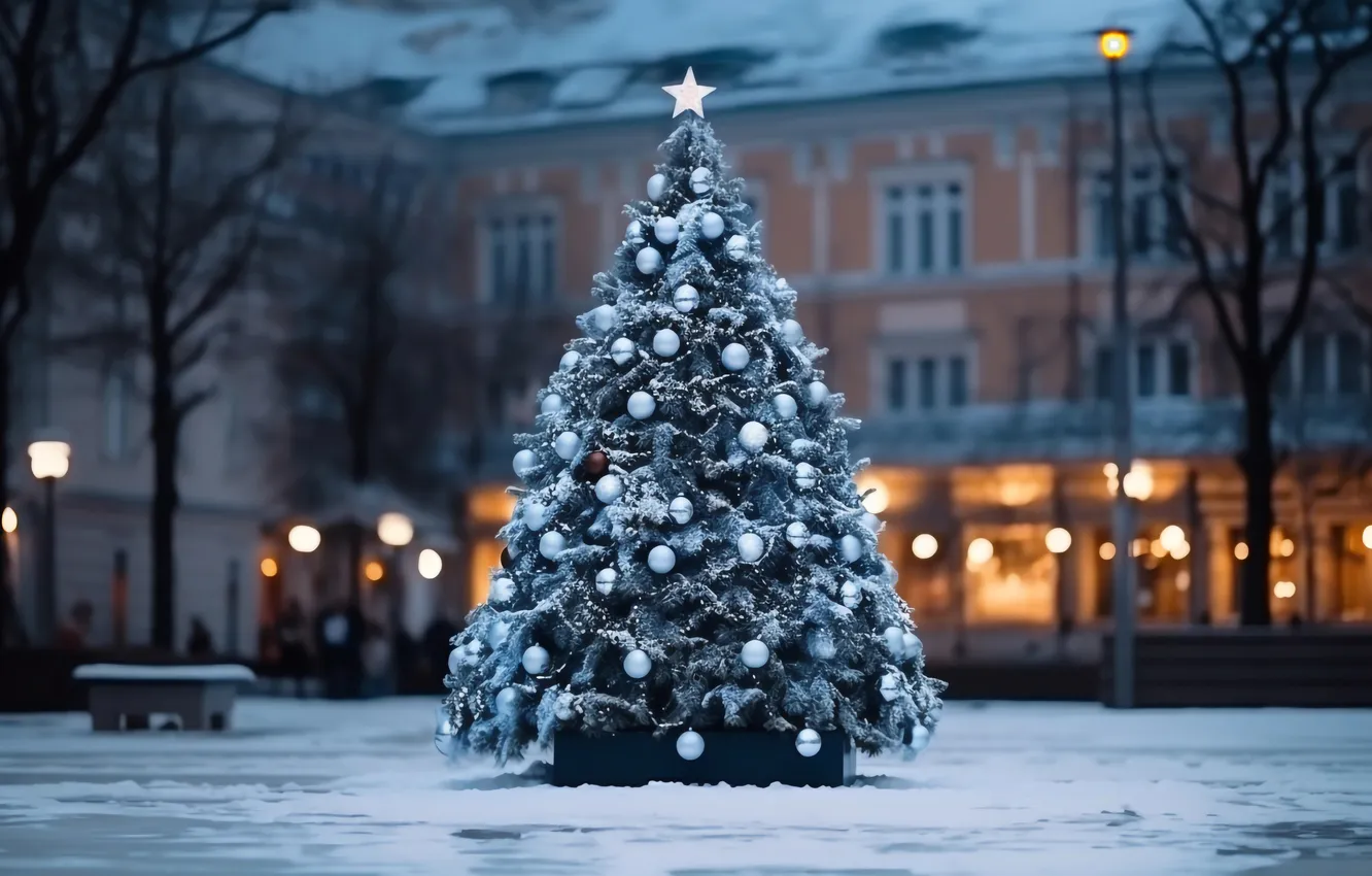 Photo wallpaper winter, snow, decoration, balls, tree, new year, Christmas, Christmas