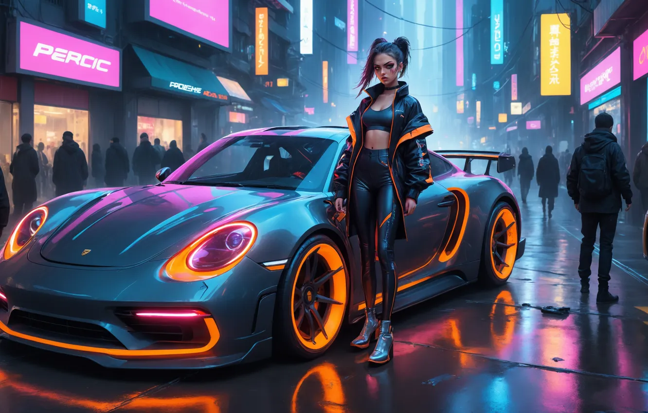 Photo wallpaper car, city, Porsche, rain, night, neon, women, reflection