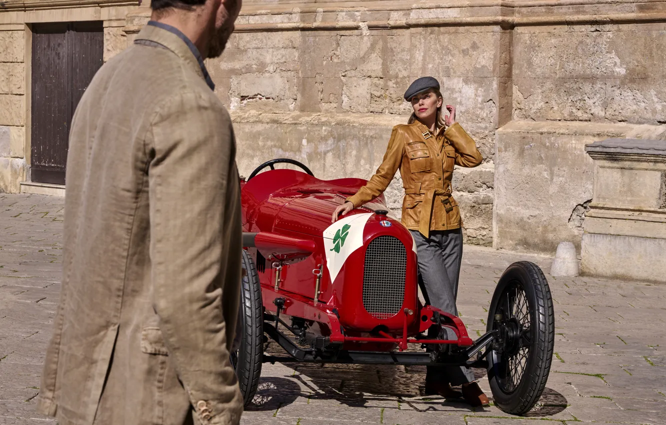 Photo wallpaper Red, Girl, Alfa Romeo, Two, Male, Sports car, 1923, Sports car