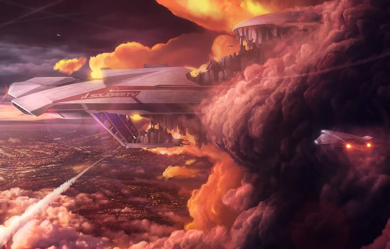 Photo wallpaper the explosion, the city, smoke, ship, art, the plane, in the sky, rahll