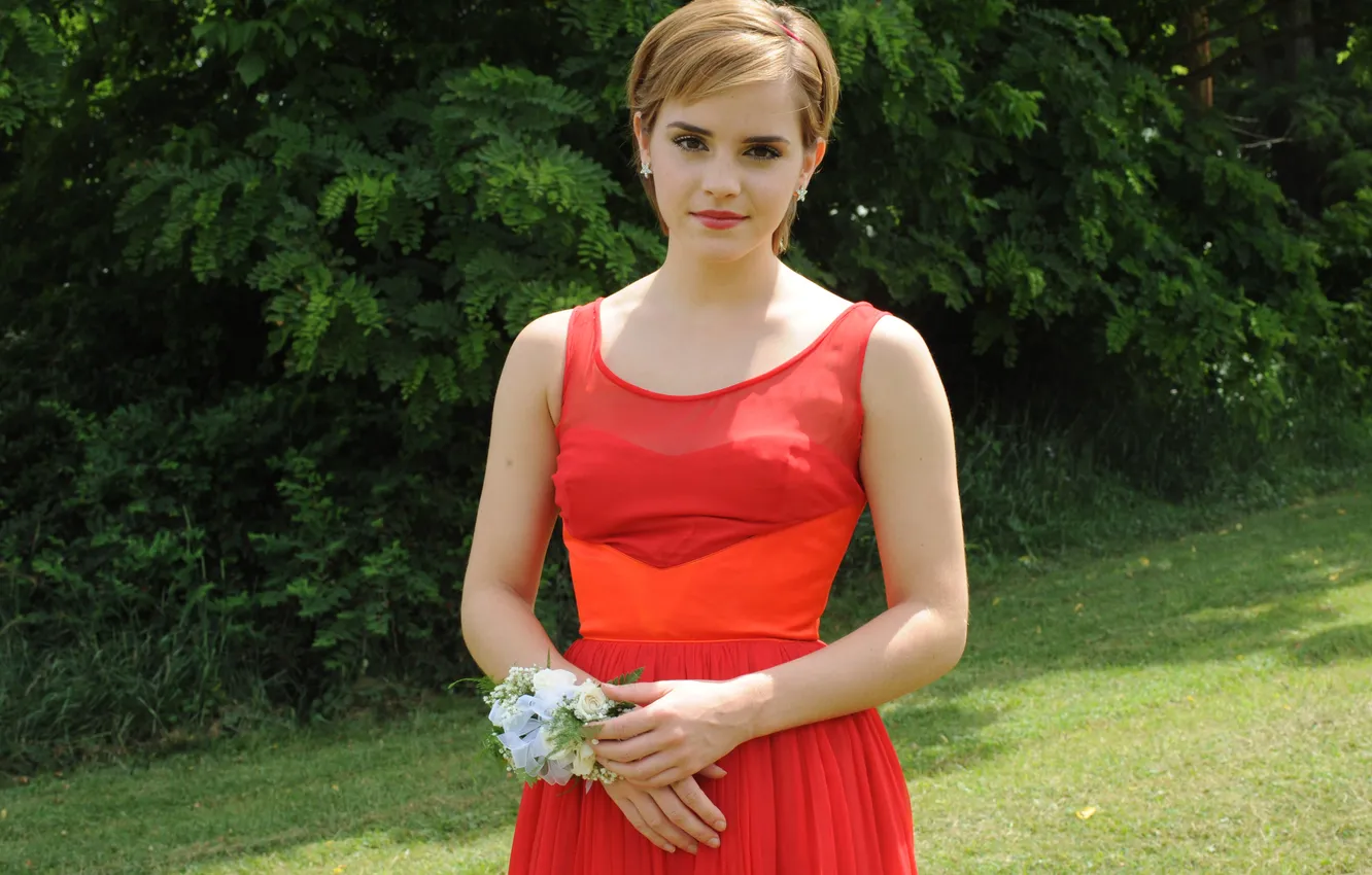 Photo wallpaper grass, flowers, photo, dress, Emma Watson, Emma Watson, in red, Good to be a wallflower