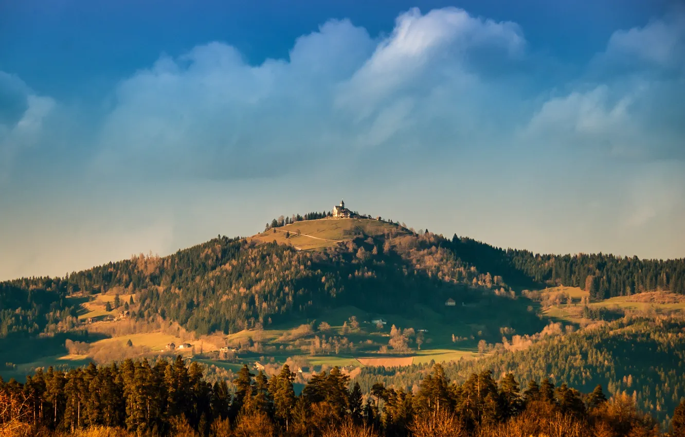Photo wallpaper the sky, clouds, trees, castle, hills