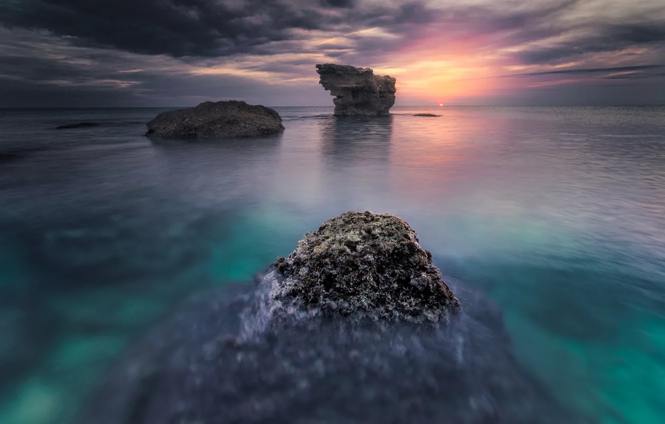 Photo wallpaper sea, sunset, rocks, The Balearic sea