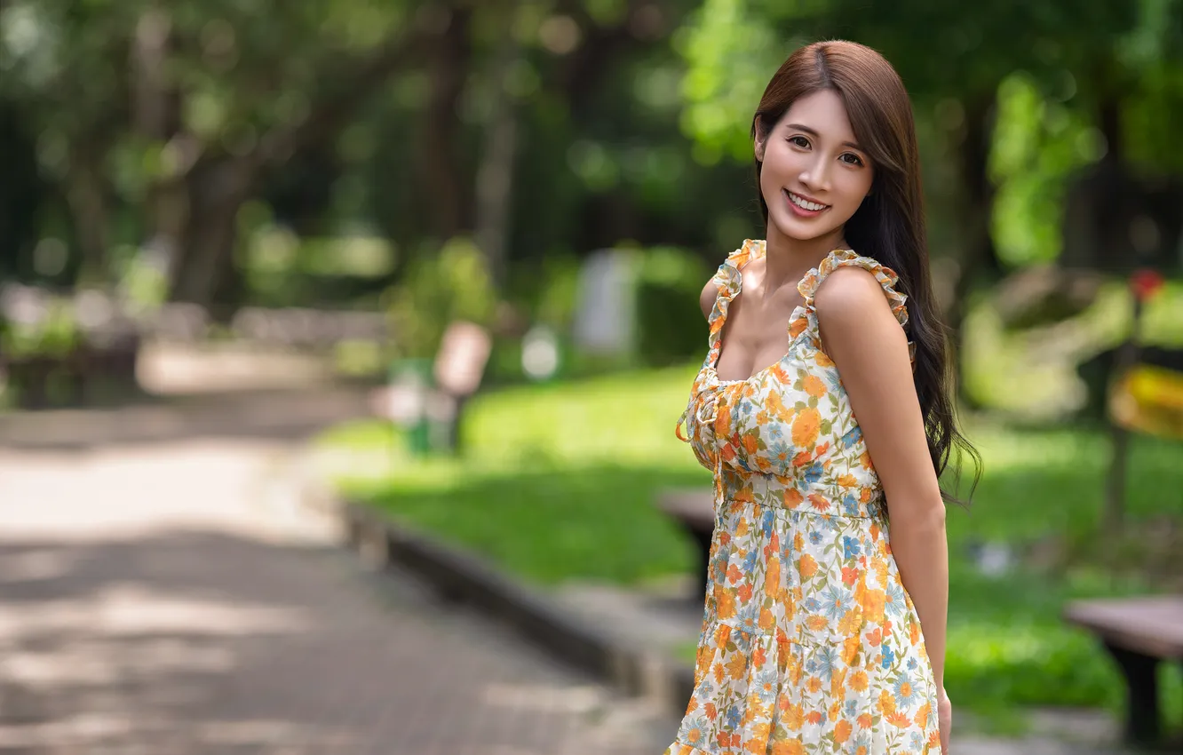 Photo wallpaper look, girl, pose, smile, dress, Asian, long hair