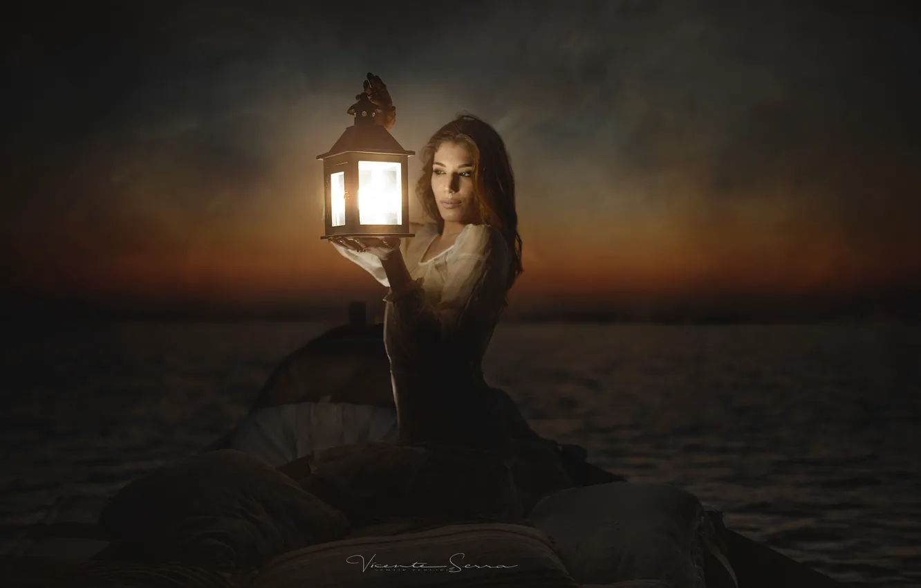 Photo wallpaper girl, night, lake, boat, lantern