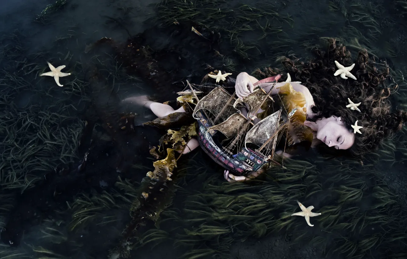 Photo wallpaper water, girl, the situation, boat