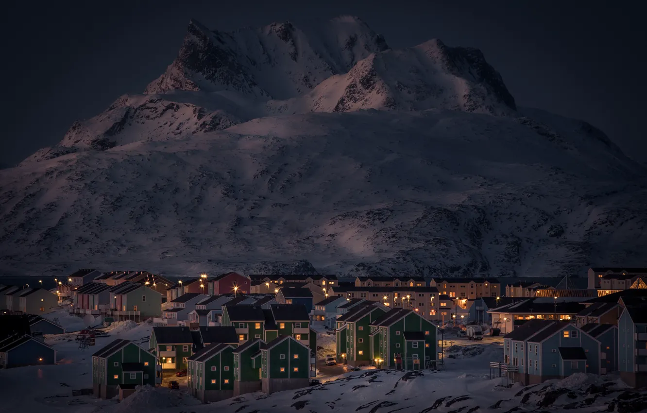 Photo wallpaper winter, snow, mountains, night, lights, lake, home, Greenland