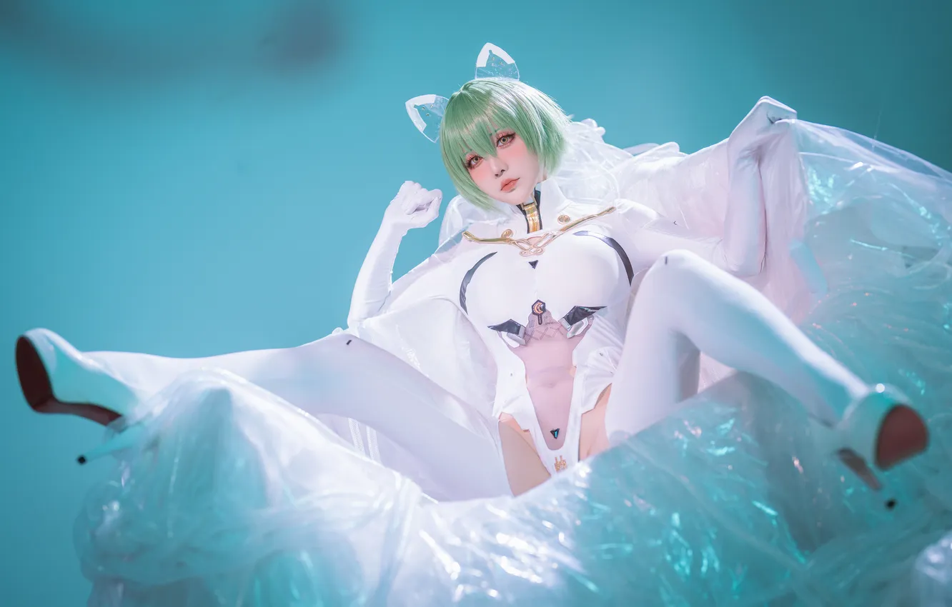 Photo wallpaper model, women, cosplay, green hair, spread legs, video game girls, Hoshilily, Asian