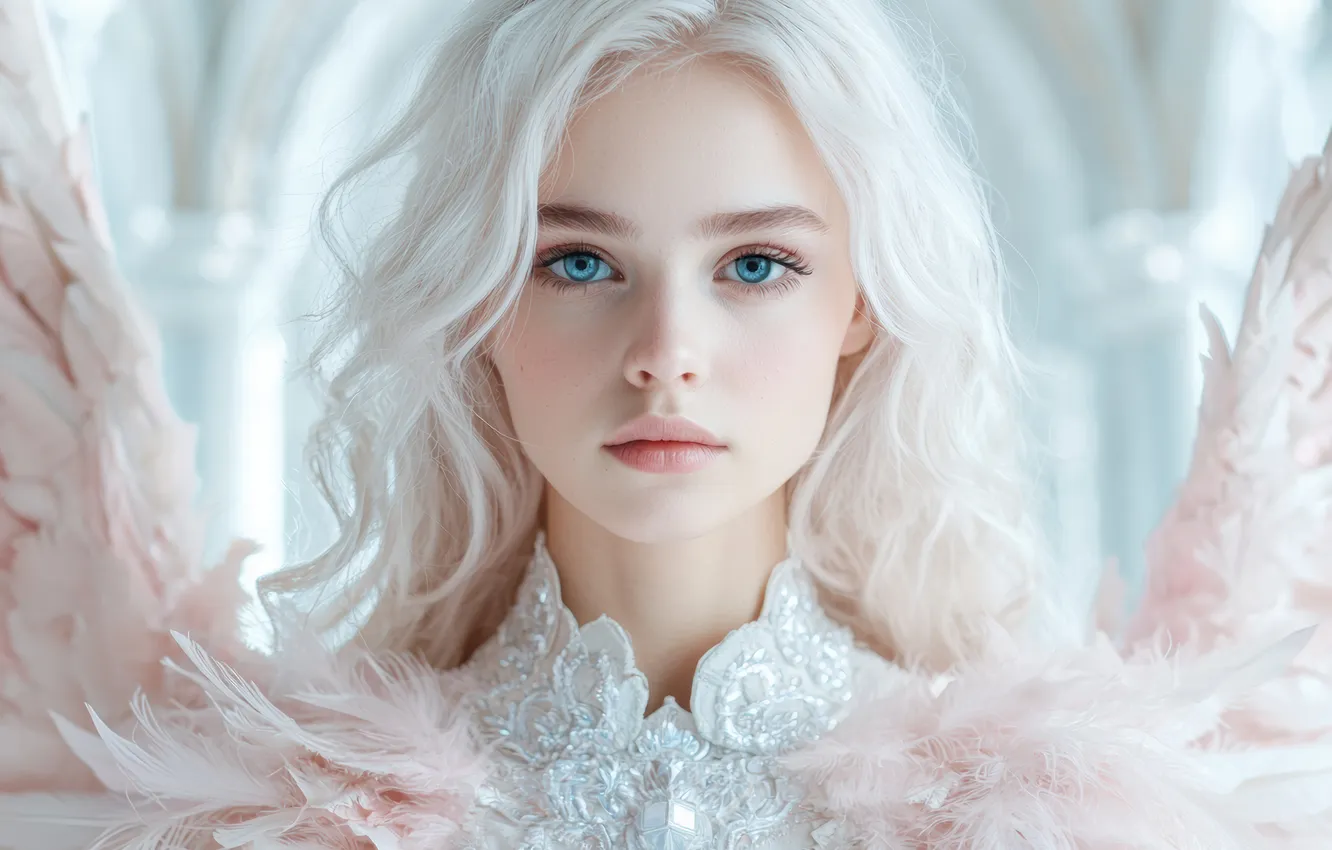 Photo wallpaper neural network, portrait, look, feathers, wings, blue eyes, AI art, blonde