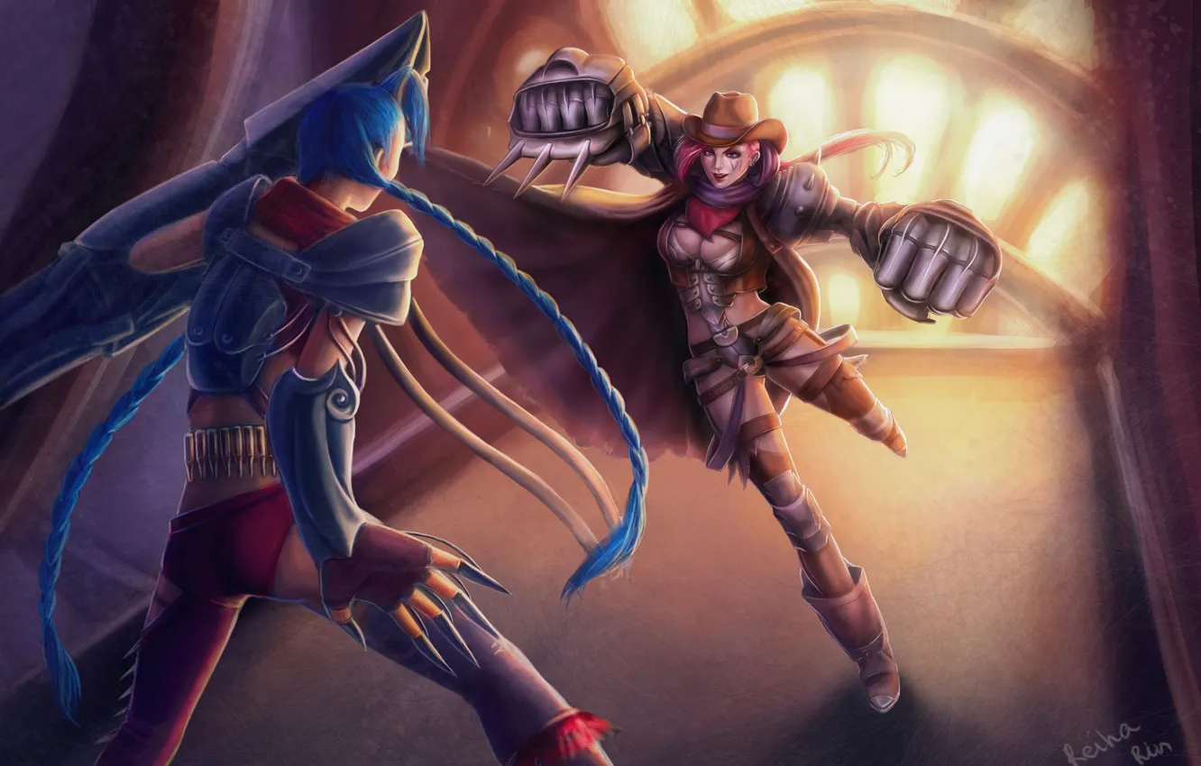 Photo wallpaper girl, battle, art, claws, braids, League of Legends, LoL, Jinx