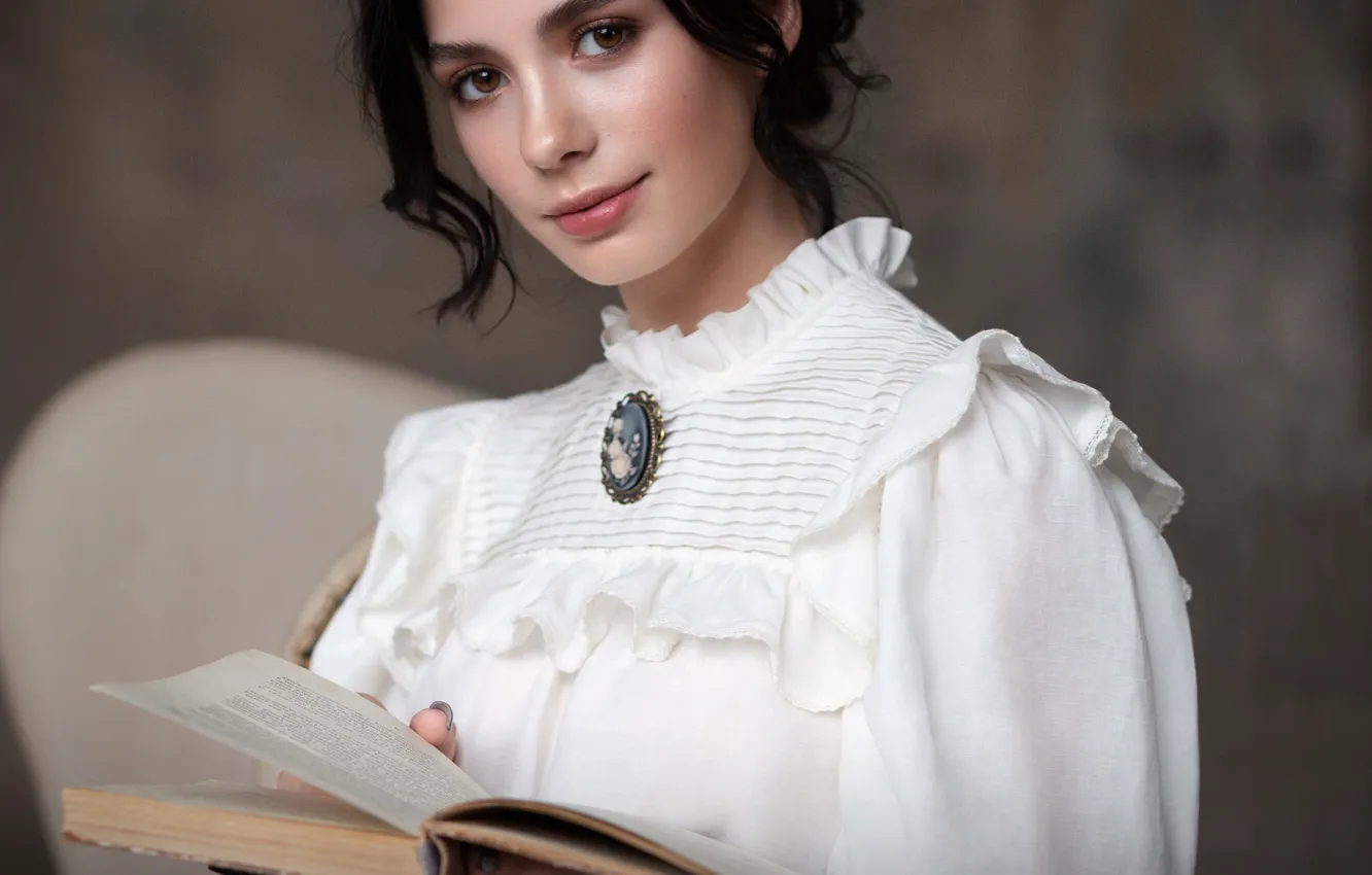 Photo wallpaper girl, portrait, brunette, blouse, book, Marina Ganina