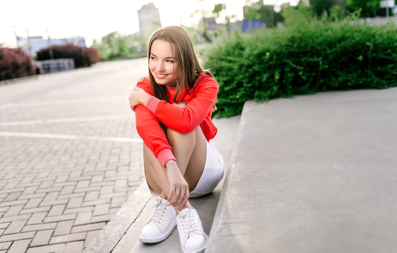Photo wallpaper model, street, women, brunette, plants, smiling, skirt, sneakers