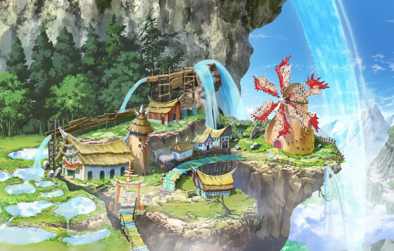 Photo wallpaper anime, mountains, waterfall, village, valley, asian, mill, japanese